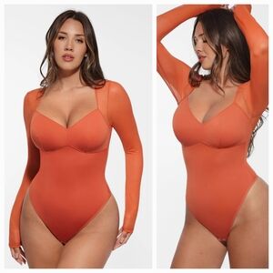 New Women's Slimming Orange Long Sleeve V-Neck Bodysuit By Feelingirl. M